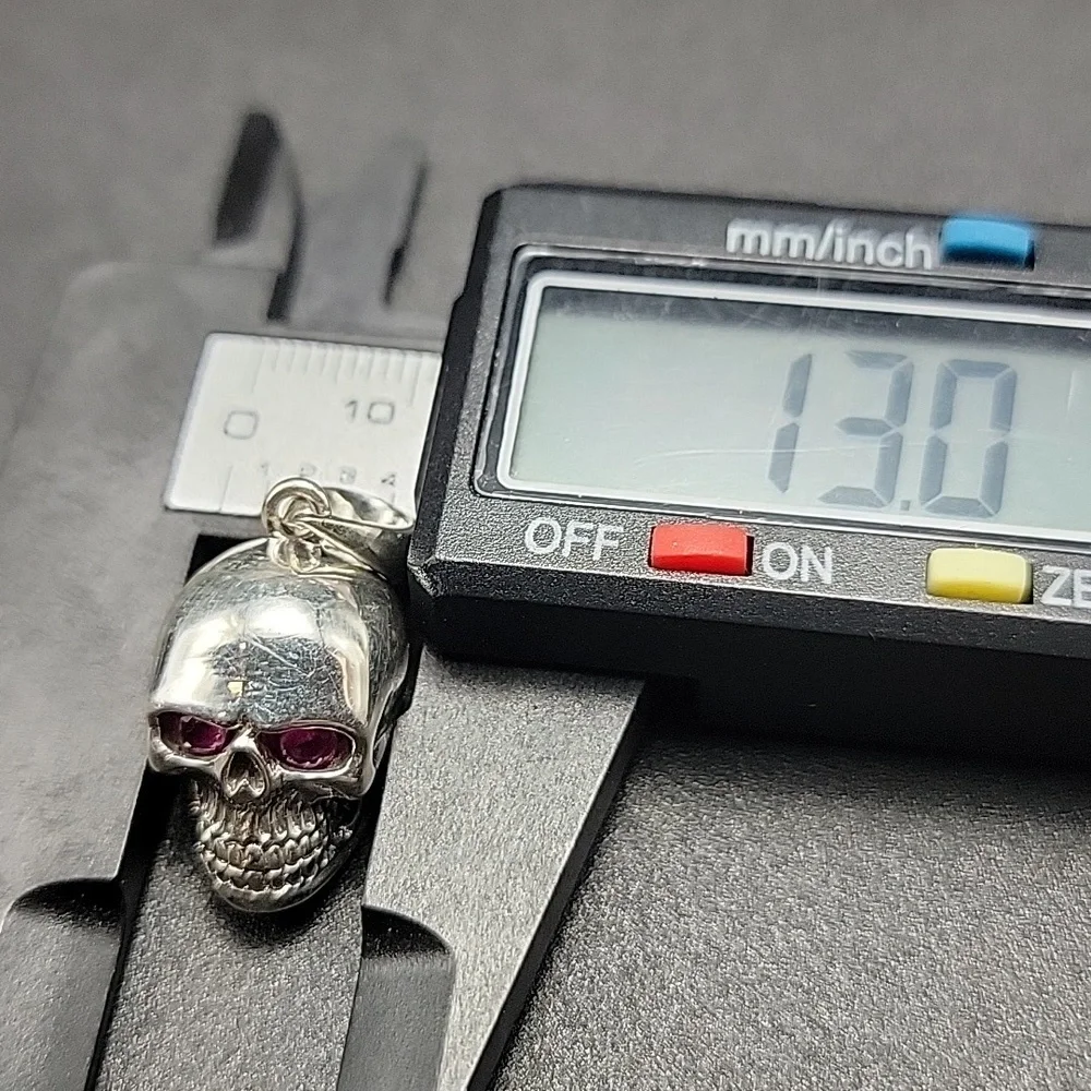 15x20mm Sterling Silver Skull Pendant with Red Faceted Ruby Eyes 5mm Bale Punk